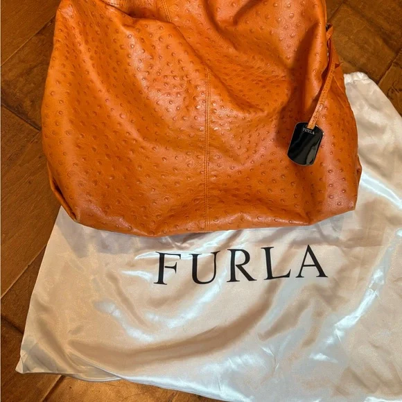 Furla Vibrant Orange Ostrich, Leather Shoulder Bag - Picture 4 of 4